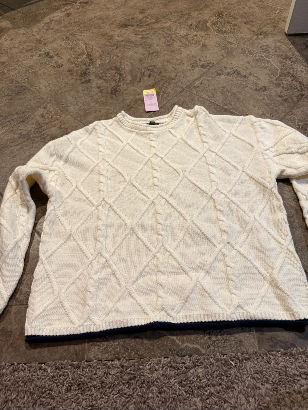🐈Women’s Cream Cable-Knit Sweater - Classic Crewneck with blue trim